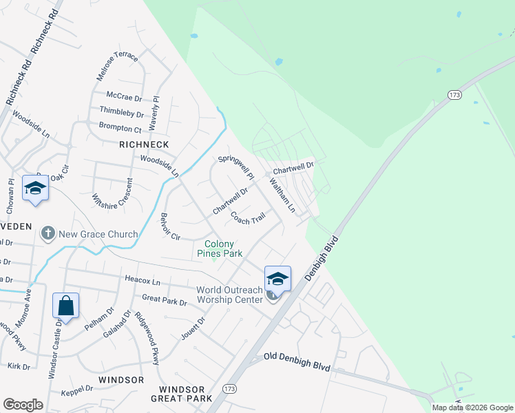 map of restaurants, bars, coffee shops, grocery stores, and more near 942 Churchill Lane in Newport News