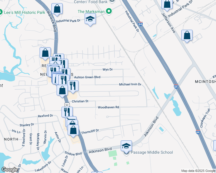 map of restaurants, bars, coffee shops, grocery stores, and more near 471 North Trellis Court in Newport News