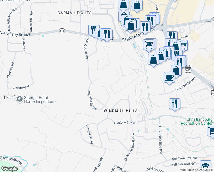 map of restaurants, bars, coffee shops, grocery stores, and more near 185 Windsor Drive in Christiansburg