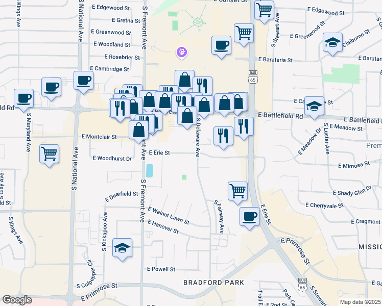 map of restaurants, bars, coffee shops, grocery stores, and more near 1571 East Erie Street in Springfield