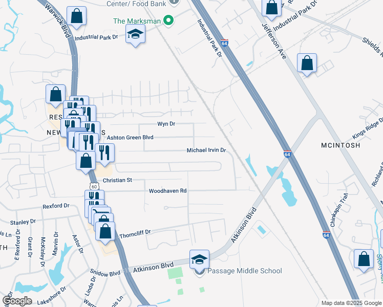 map of restaurants, bars, coffee shops, grocery stores, and more near 487 North Trellis Court in Newport News
