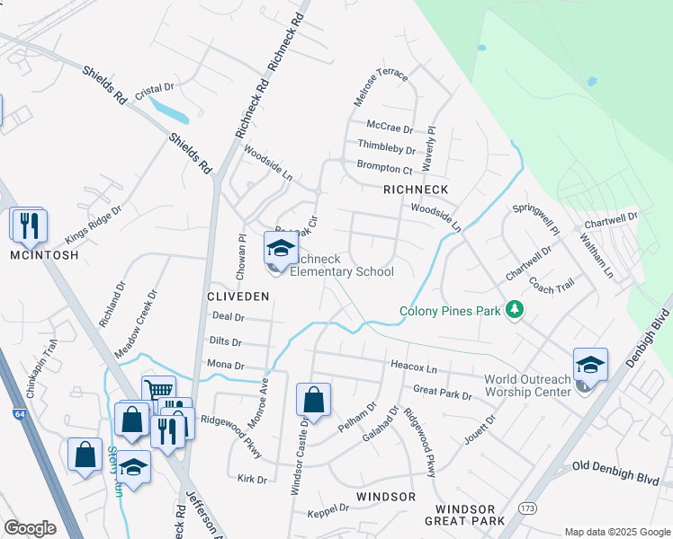 map of restaurants, bars, coffee shops, grocery stores, and more near 411 Oxburgh Place in Newport News