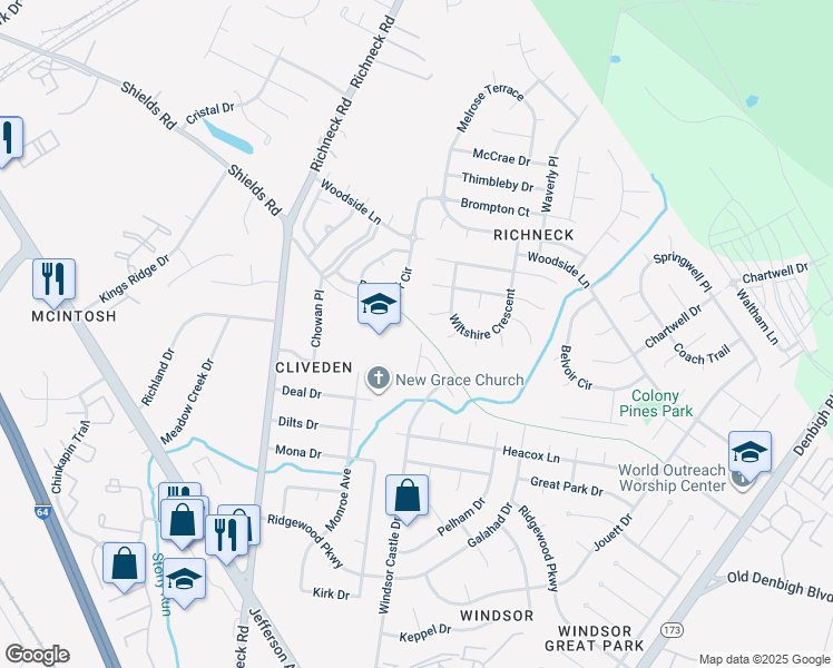 map of restaurants, bars, coffee shops, grocery stores, and more near 271 Castle Keep Court in Newport News