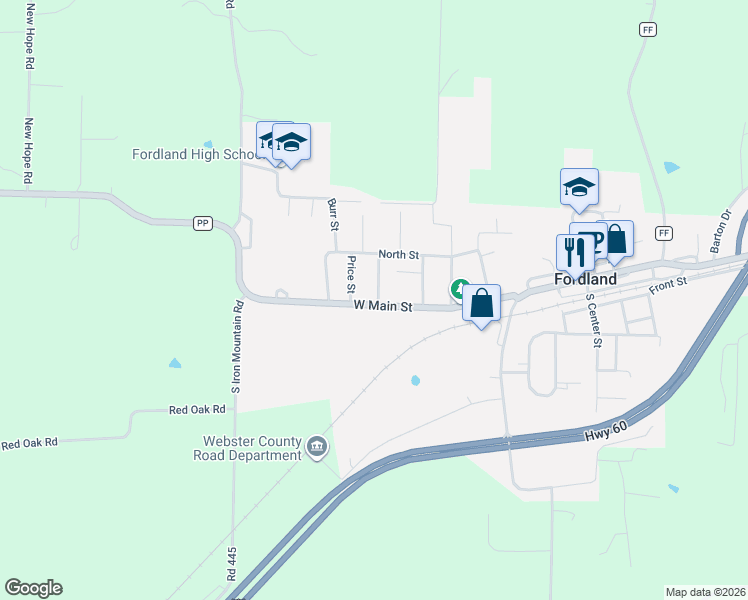 map of restaurants, bars, coffee shops, grocery stores, and more near 757 West Main Street in Fordland