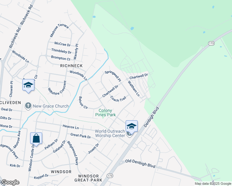 map of restaurants, bars, coffee shops, grocery stores, and more near 943 Churchill Ln in Newport News