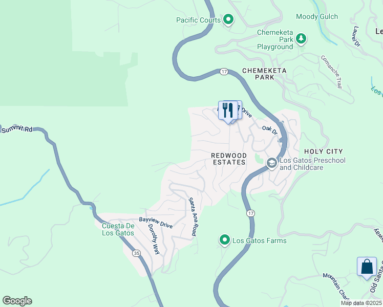 map of restaurants, bars, coffee shops, grocery stores, and more near 18122 Virginia Drive in Los Gatos