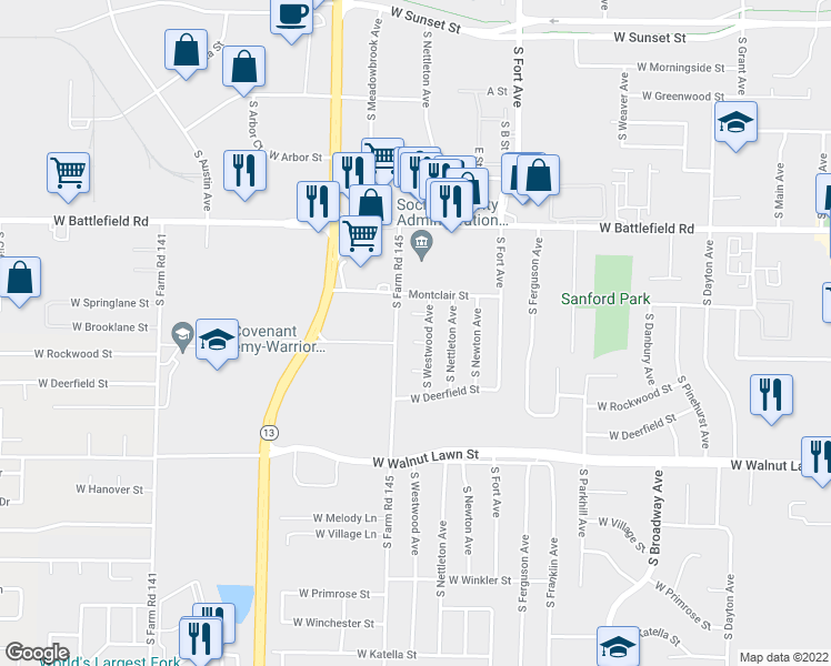 map of restaurants, bars, coffee shops, grocery stores, and more near 1540 West Erie Court in Springfield