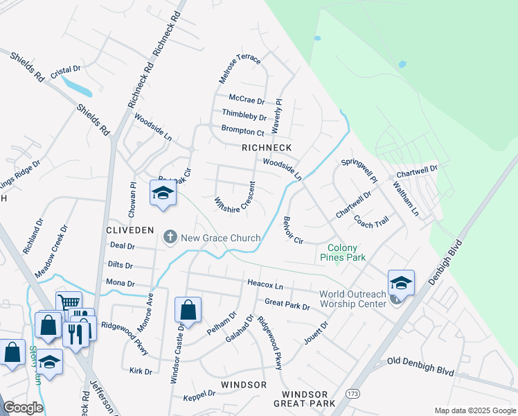 map of restaurants, bars, coffee shops, grocery stores, and more near 410 Belton Place in Newport News