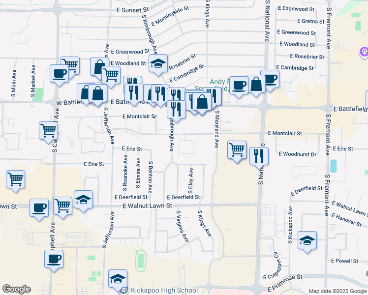 map of restaurants, bars, coffee shops, grocery stores, and more near 820 East Montclair Street in Springfield
