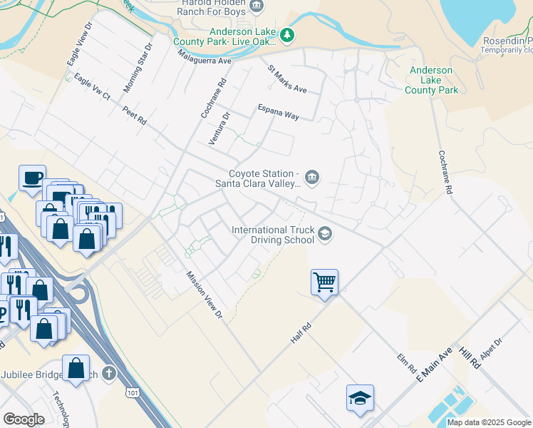 map of restaurants, bars, coffee shops, grocery stores, and more near 1631 Avenida De Los Padres in Morgan Hill