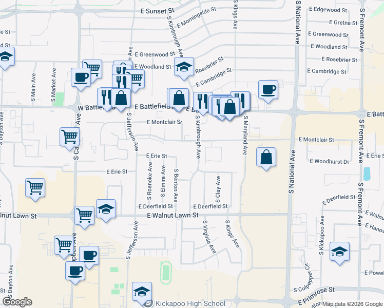 map of restaurants, bars, coffee shops, grocery stores, and more near 3158 South Benton Avenue in Springfield