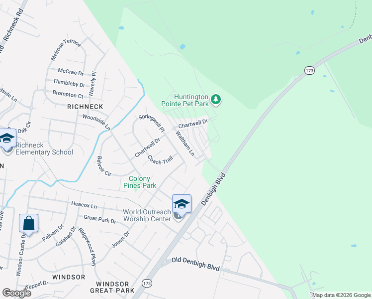 map of restaurants, bars, coffee shops, grocery stores, and more near 1213 Springwell Place in Newport News