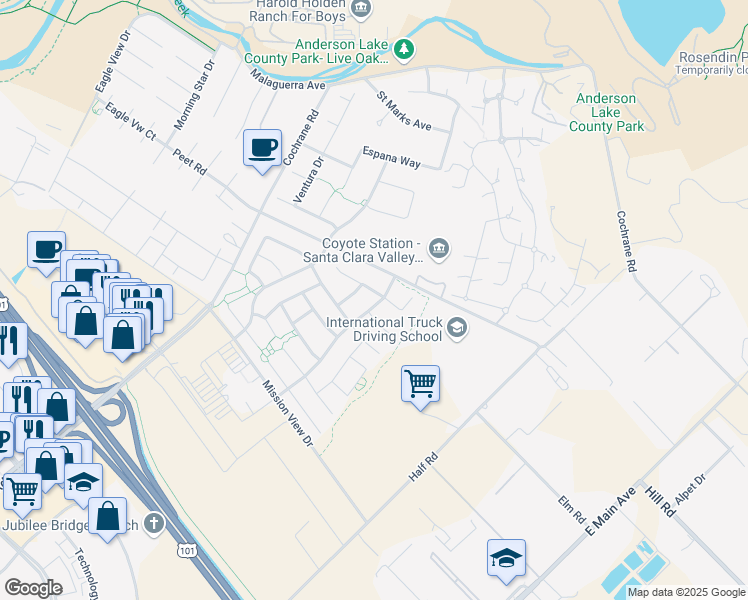 map of restaurants, bars, coffee shops, grocery stores, and more near 1631 Avenida De Los Padres in Morgan Hill