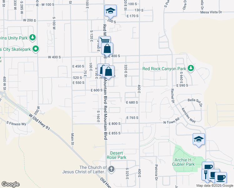map of restaurants, bars, coffee shops, grocery stores, and more near 640 South 285 East in Ivins