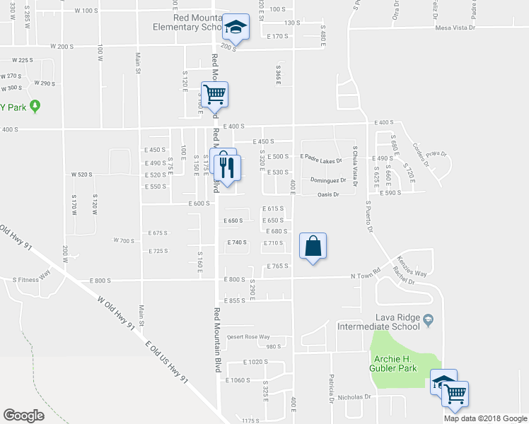 map of restaurants, bars, coffee shops, grocery stores, and more near 320 East 615 South in Ivins