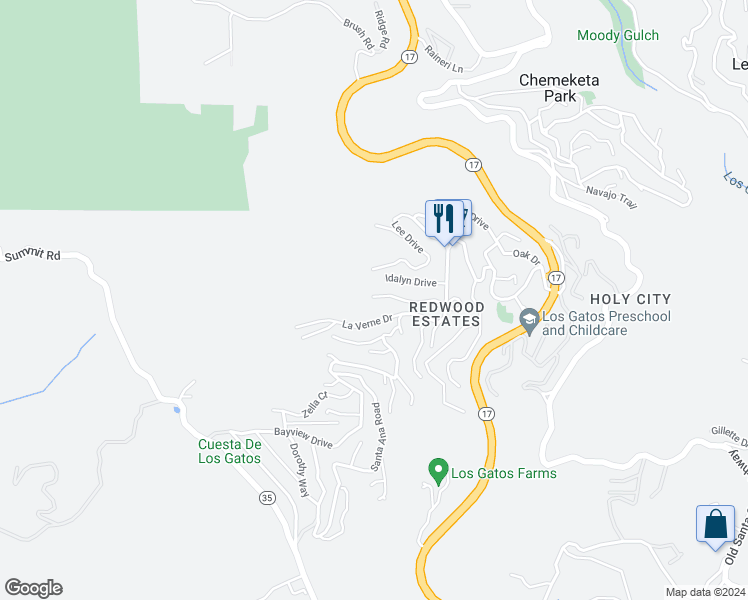 map of restaurants, bars, coffee shops, grocery stores, and more near 18122 Virginia Drive in Los Gatos