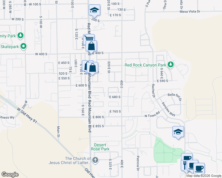 map of restaurants, bars, coffee shops, grocery stores, and more near 334 East 615 South in Ivins