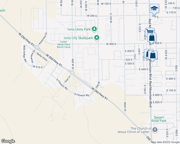 map of restaurants, bars, coffee shops, grocery stores, and more near 617 South Malorie Way in Ivins