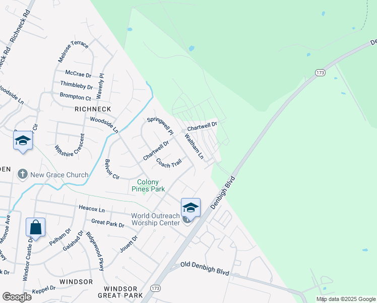 map of restaurants, bars, coffee shops, grocery stores, and more near 1213 Springwell Place in Newport News