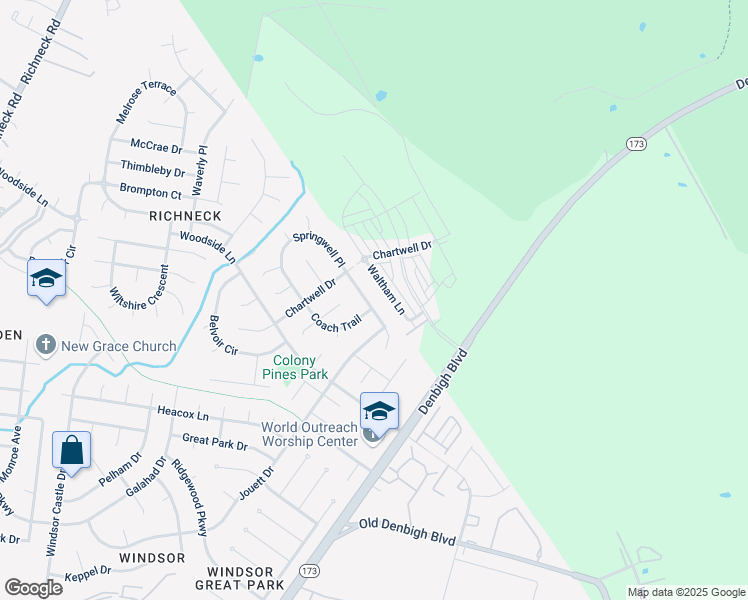 map of restaurants, bars, coffee shops, grocery stores, and more near 1213 Springwell Place in Newport News