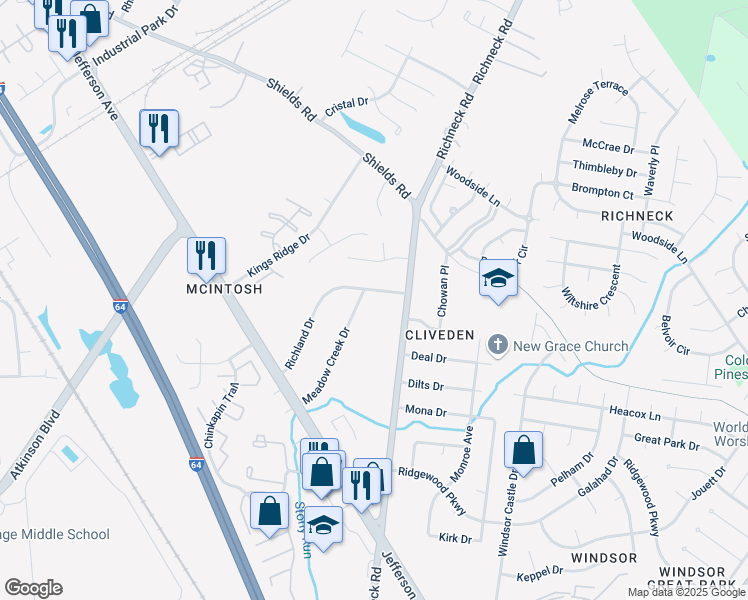 map of restaurants, bars, coffee shops, grocery stores, and more near 32 Meadow Creek Drive in Newport News