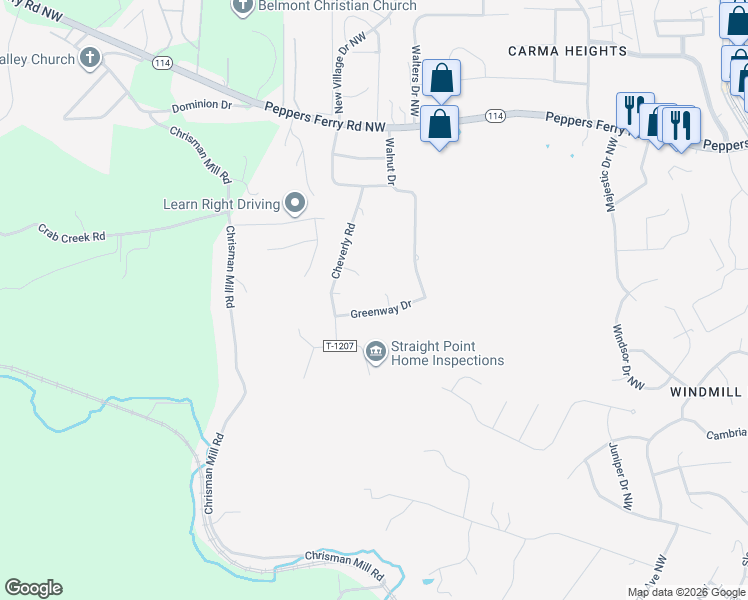 map of restaurants, bars, coffee shops, grocery stores, and more near 110 Greenway Drive in Christiansburg