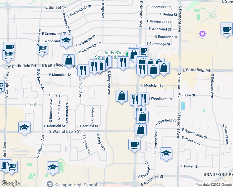 map of restaurants, bars, coffee shops, grocery stores, and more near 3027 South Maryland Avenue in Springfield