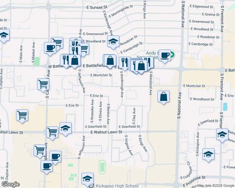 map of restaurants, bars, coffee shops, grocery stores, and more near 3158 South Benton Avenue in Springfield