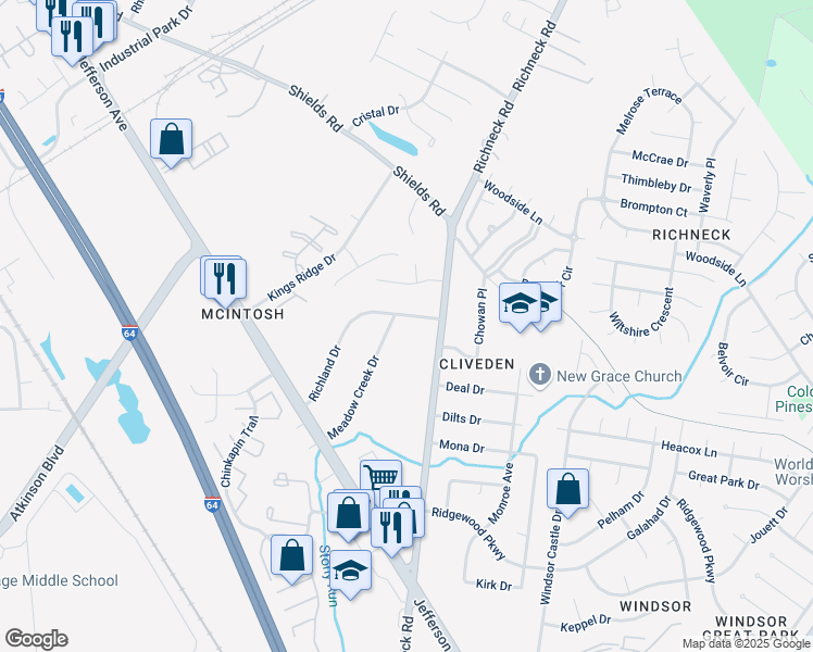 map of restaurants, bars, coffee shops, grocery stores, and more near 32 Meadow Creek Drive in Newport News