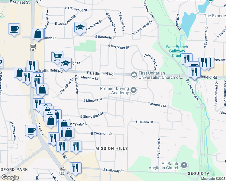 map of restaurants, bars, coffee shops, grocery stores, and more near 3135 South Marlan Avenue in Springfield