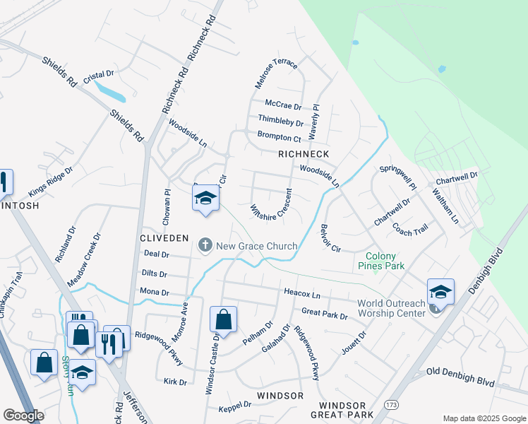 map of restaurants, bars, coffee shops, grocery stores, and more near 415 Hatfield Place in Newport News