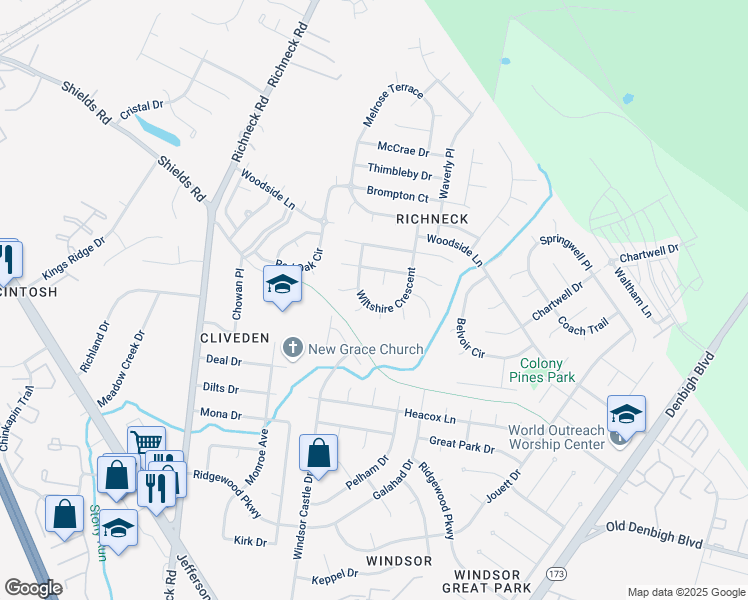 map of restaurants, bars, coffee shops, grocery stores, and more near 415 Hatfield Place in Newport News