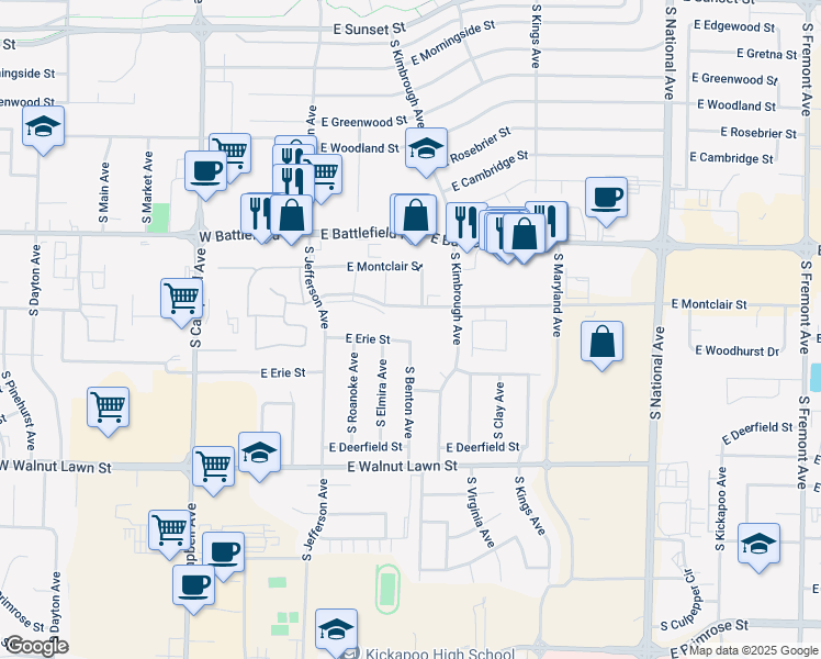 map of restaurants, bars, coffee shops, grocery stores, and more near 3158 South Benton Avenue in Springfield