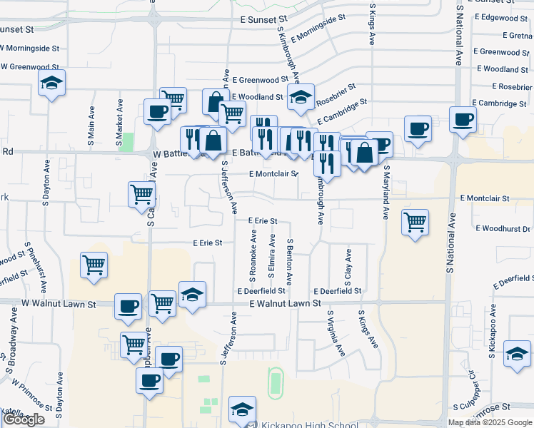 map of restaurants, bars, coffee shops, grocery stores, and more near 3158 South Elmira Avenue in Springfield