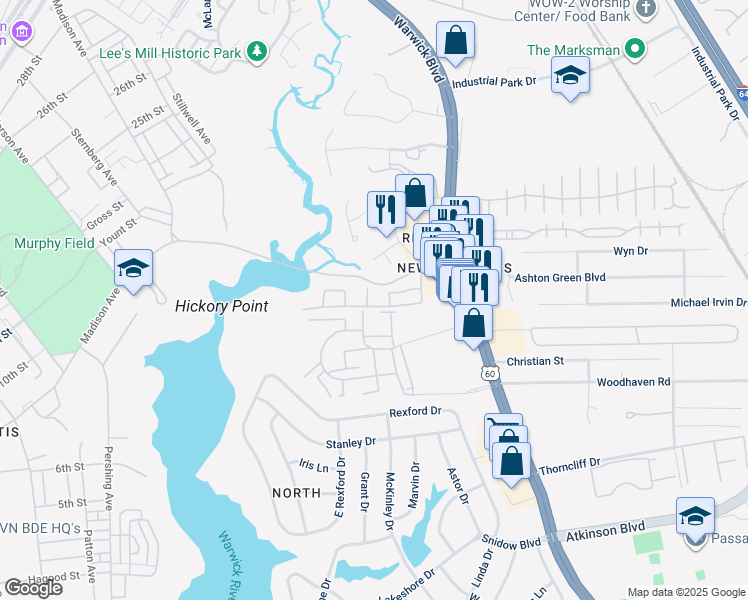 map of restaurants, bars, coffee shops, grocery stores, and more near 300 Seagull Court in Newport News