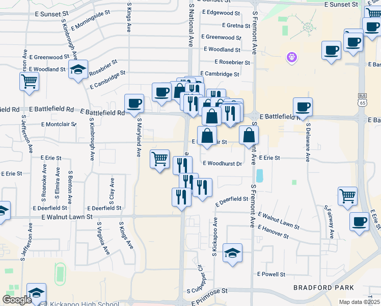 map of restaurants, bars, coffee shops, grocery stores, and more near 3101-3199 South National Avenue in Springfield