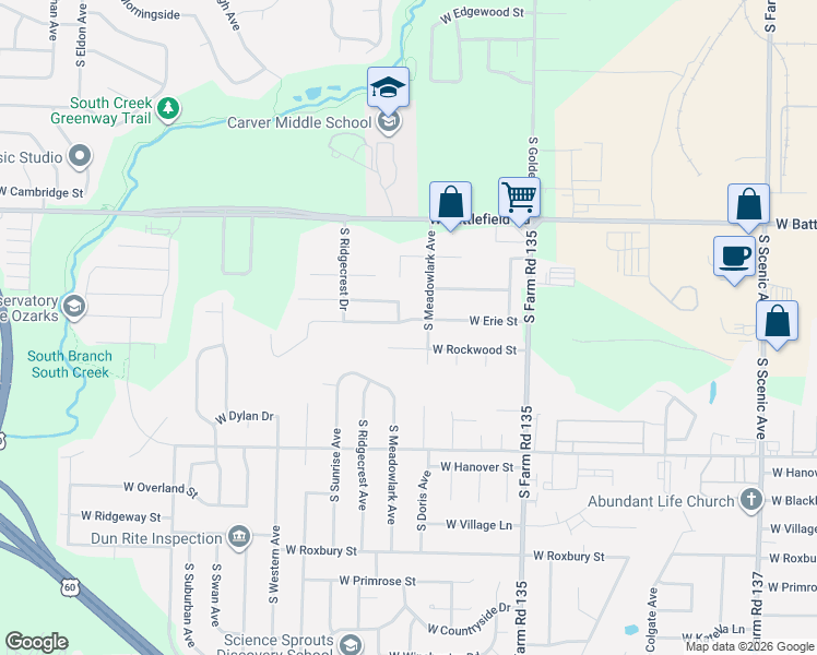 map of restaurants, bars, coffee shops, grocery stores, and more near 3314 West Erie Street in Springfield