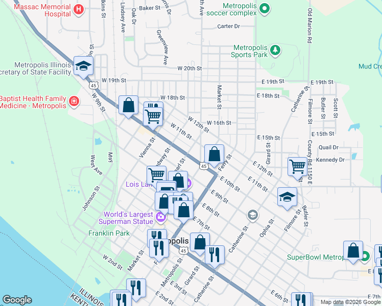 map of restaurants, bars, coffee shops, grocery stores, and more near 217 Ohio River Scenic Byway in Metropolis