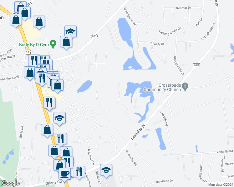map of restaurants, bars, coffee shops, grocery stores, and more near 129 Winders Lane in Yorktown