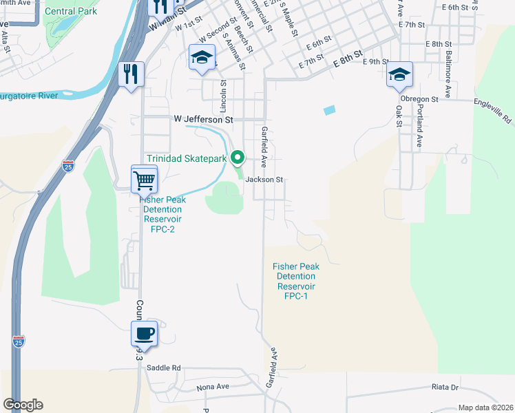 map of restaurants, bars, coffee shops, grocery stores, and more near 1603 Garfield Avenue in Trinidad
