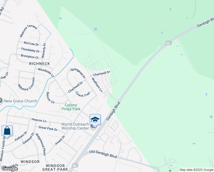 map of restaurants, bars, coffee shops, grocery stores, and more near 1408 Waltham Lane in Newport News