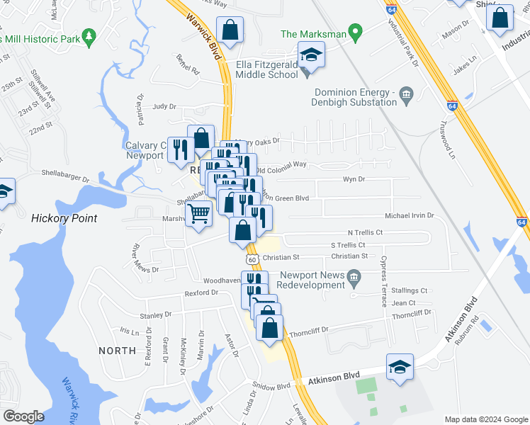 map of restaurants, bars, coffee shops, grocery stores, and more near 7 Redcedar Way in Newport News