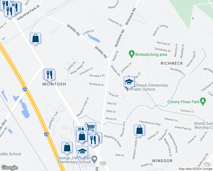 map of restaurants, bars, coffee shops, grocery stores, and more near 100 Richland Drive in Newport News