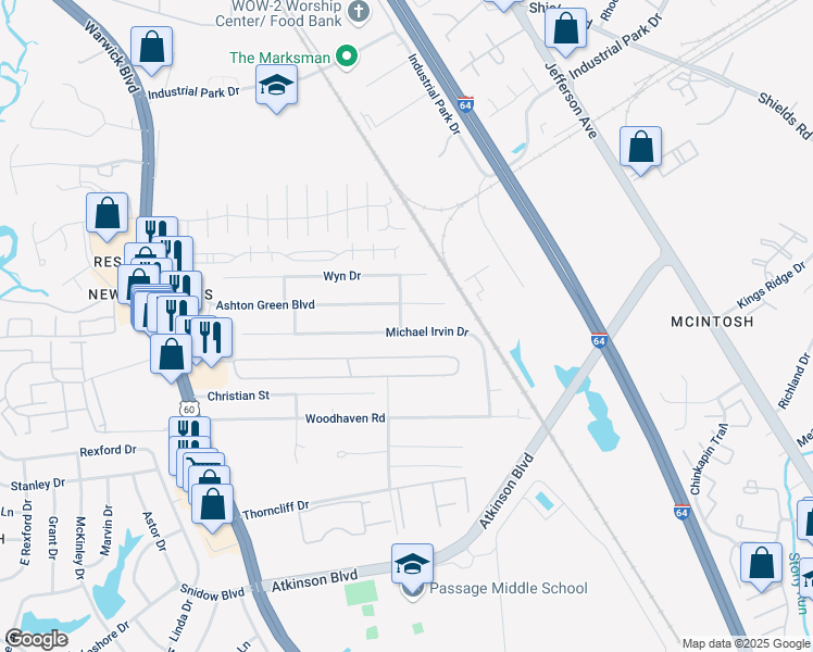 map of restaurants, bars, coffee shops, grocery stores, and more near 324 Lucinda Drive in Newport News