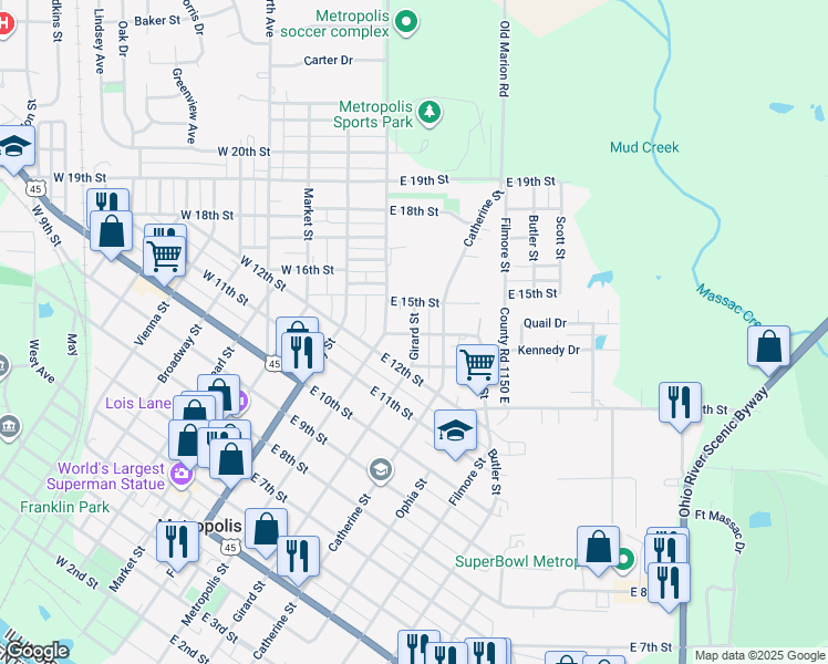 map of restaurants, bars, coffee shops, grocery stores, and more near 1398 Girard Street in Metropolis