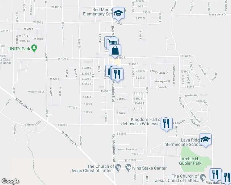 map of restaurants, bars, coffee shops, grocery stores, and more near 217 Elfin Cove Circle in Ivins