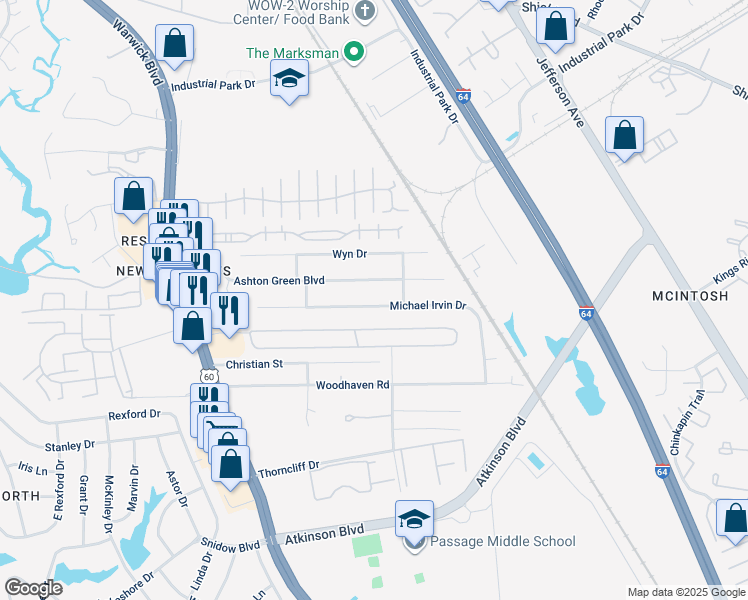 map of restaurants, bars, coffee shops, grocery stores, and more near 481 Michael Irvin Drive in Newport News