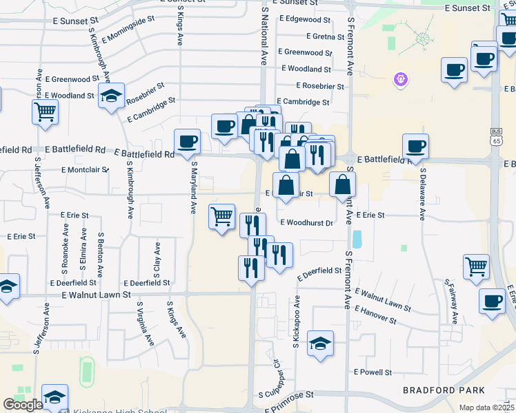 map of restaurants, bars, coffee shops, grocery stores, and more near 3101 South National Avenue in Springfield