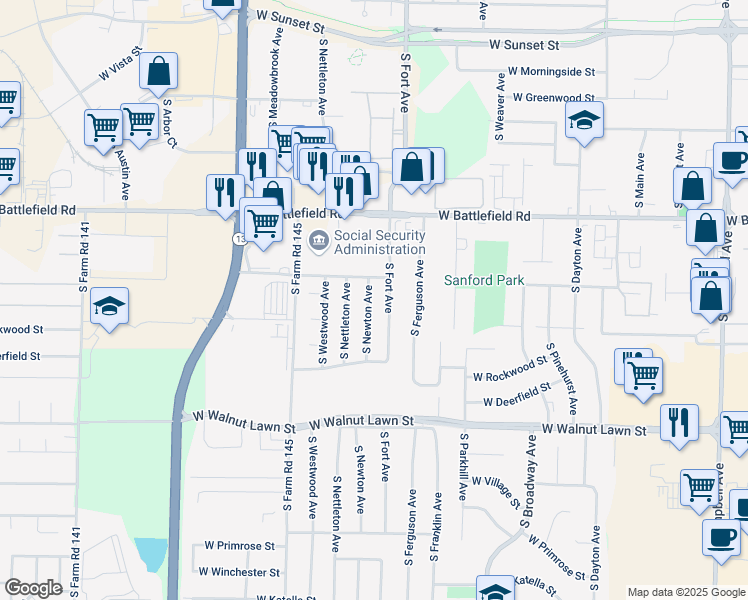 map of restaurants, bars, coffee shops, grocery stores, and more near 3204 S Newton Ave in Springfield