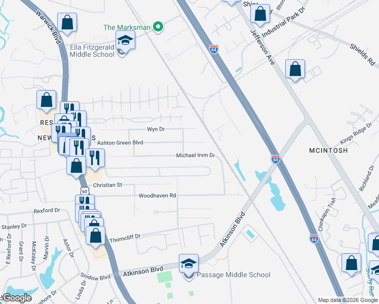 map of restaurants, bars, coffee shops, grocery stores, and more near 495 Michael Irvin Drive in Newport News